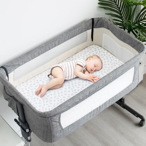 Image of Baby Bassinet Sheets 4 Pack Compatible with 33 inch x 20 inch Mika Micky, Baby Delight, AMKE and Other Rectangle Bassinet Mattress, Ultra Soft & Skin Friendly, Washer & Dryer, Grey Leaf