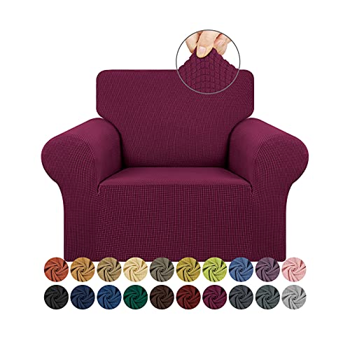 KEKUOU Stretch Single Sofa Slipcover 1 Piece Couch Sofa Cover (31"-55") Furniture Protector 1 Seater Sofa with Elastic Bottom for Kids,Pet.Jacquard Small Checked Pattern Fabric(Small,Wine)