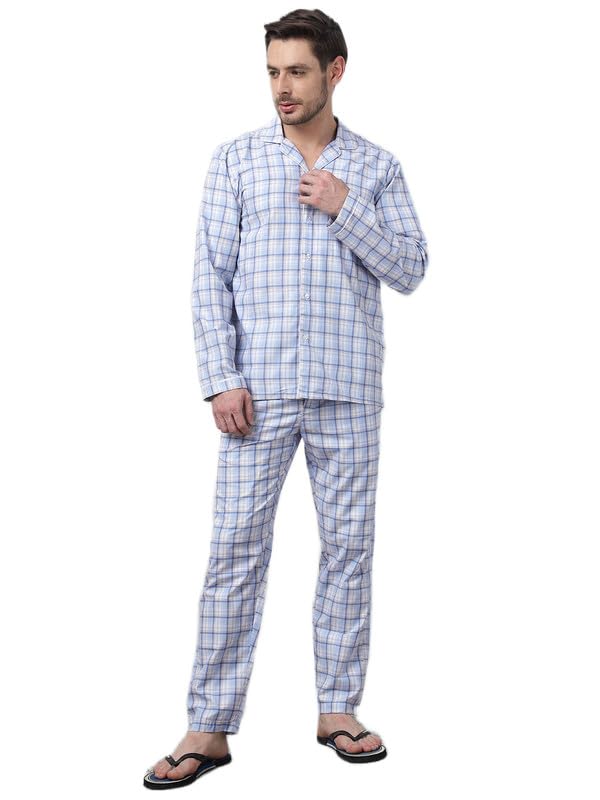 english navy Blue Men Checked Lapel Collar Shirt & Pyjamas Wrinkle Resistant Night Suit-picture-34