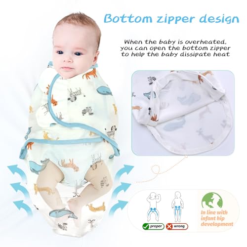 Image of LAT Swaddle Blanket with zip Baby Girl Boy-Easy Adjustable 3 Pack Infant Sleep Sack Wrap Newborn Babies 100% Cotton Sleep Bag(lue Whales,0-3Months)