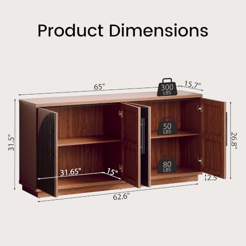 Image of 65 inch Buffet Cabinet with Storage, Fluted Sideboard Cabinet with 4 Arched Doors & Adjustable Shelves, Credenza Accent Cabinet Console for Dining Room, Living Room, Entryway, Set of 2