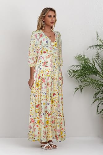 Image of Women Short Sleeve V Neck Floral Print Casual Bohemian Maxi Dresses