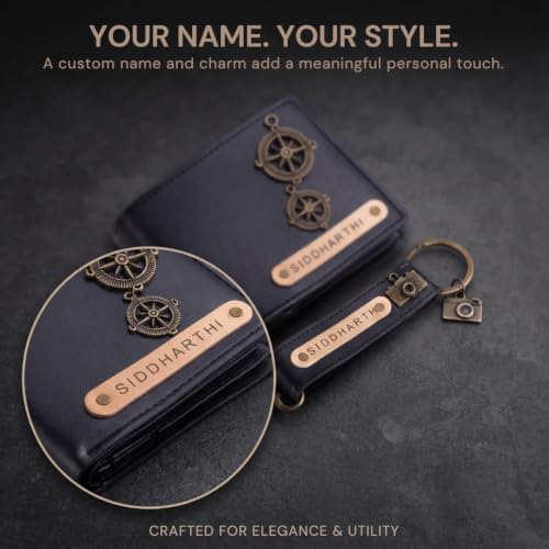 Image of Personalized Name & Charm Leather Wallet & Keychain (Dark Brown) Giftset for Men|Customized Birthday Anniversary Corporate Gift for Man|Gifts for Men|Secret Santa Gifts for Office Staff Dark Grey