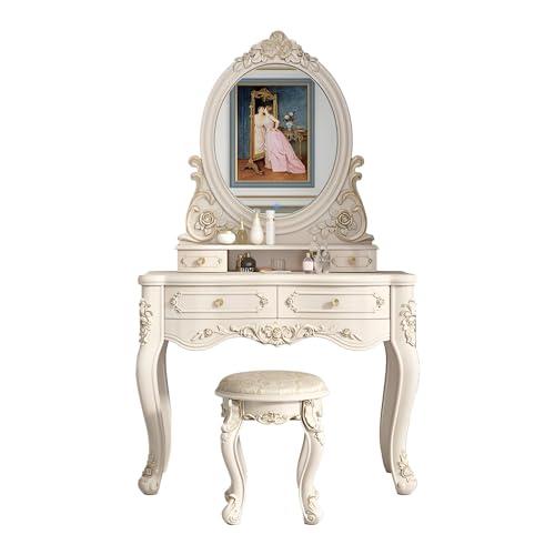 Juego de mesa de tocador de princesa iluminada LED con espejo, estación de maquillaje victoriana para mujeres y niñas, 2 cajones y taburete tapizado, 100 x 47 x 162 cm, color blanco