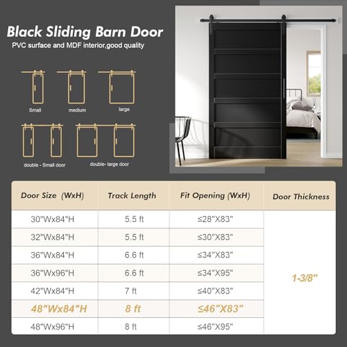 Image of Fredbeck 48x84 Black Barn Door with 8FT Sliding Door Hardware Kit,Interior