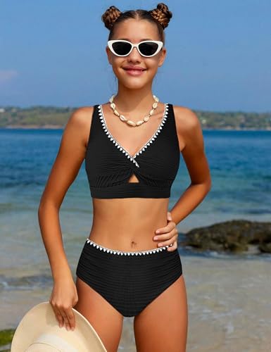 Oranchids Girls Swimsuit Bathing Suits for Teens Twist V Neck Solid Color Bikini Set Teen Swimsuits for Girls 12-14 Two Piece Swimswear Size 13-14 Black