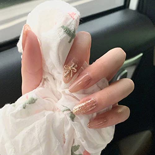 Secret Lives® acrylic press on nails artifical fake false aesthetic nails extension transparent pink with 3D white bow design 24 pieces set with manicure sheet