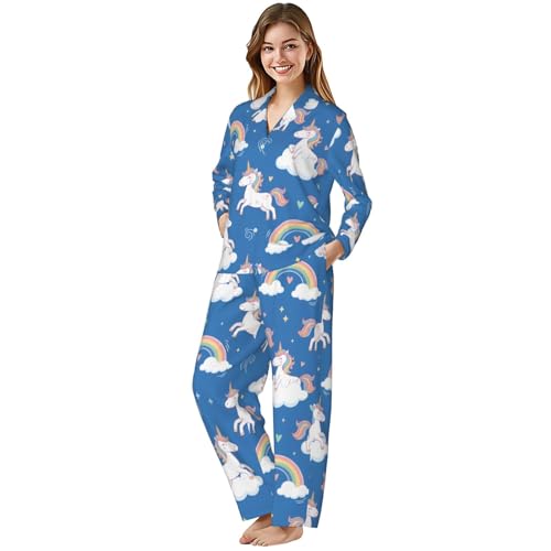 Image of Women'S Long Sleeve Pajama Set Soft Loungewear Button-Down Top & Elastic Waist Pants S- 2XL