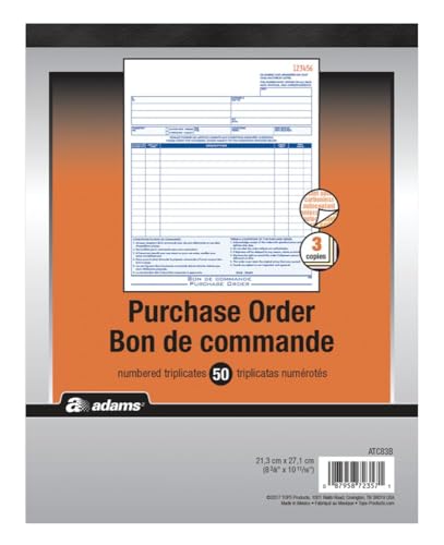 Adams Purchase Order Book, Memo Pad 3-Part Carbonless, White/Canary/Pink Sheets, 50 Sets, 8-3/8" x 10-11/16", Consecutively Numbered, Wraparound Cover, Office Supplies for Tracking