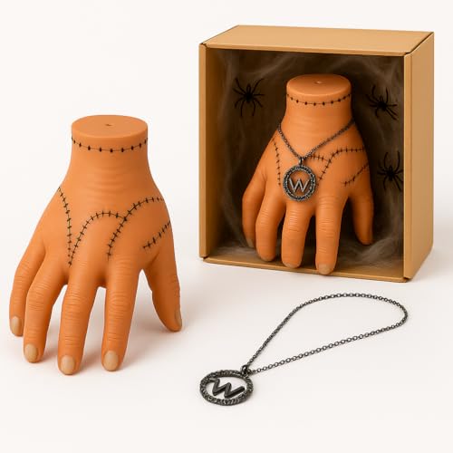 Kit mão estilo 'a coisa' colar gótico com letra W | inspirado na filha dos addams | presente gótico, cosplay e decoração dark