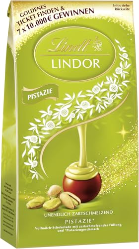 Lindt Schokolade LINDOR Kugeln Pistazie | 1 x 137 g Beutel | 10 Kugeln Vollmilchschokolade mit zartschmelzender Pistazien-Füllung | Schokoladen-Geschenk | Goldenes Ticket | Gewinnspiel