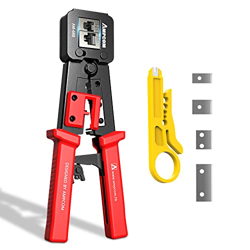 AMPCOM RJ45 Pass Thru Crimping Tool Network Crimper for Pass Through and Regular Type RJ45 RJ12 RJ11 Connector -CAT6/5e（8P8C/6P6C/6P4C)