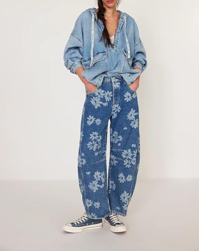 yoeasy Women's Mid Rise Baggy Barrel Jeans Floral Printed Wide Leg Y2k Boyfriend Jeans Denim Ankle Pants2