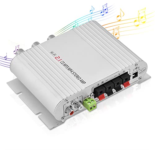 Power Amplifier Stereo Amplifier,Digital Amp Mini HiFi 2.1 Stereo Bass Auto Car Home Audio Power Amplifier with and 3.5mm Audio Input,Two Pairs of Speaker Output Clips(Silver)