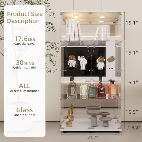 Image of Beauty4U White Glass Display Cabinet with LED&Mirror, 4-Shelf Curio Cabinet