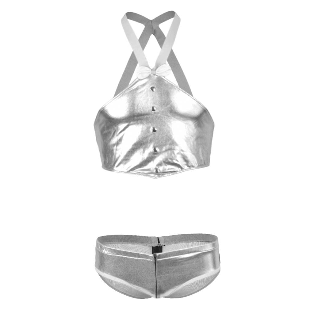 calandis Men's Sexy Elastic Halter Body Chest Strap Harness Top Briefs Set Silver-picture-32