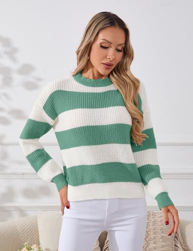 Image of Libsorge Womens Oversized Cute Lightweight Striped Sweater Spring Winter 2026 Trendy Ladies Dressy Casual Ribbed Waffle Knit Crew Neck Thin Long Sleeve Color Block Pullover Top Green S