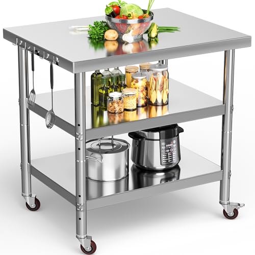 YITAHOME NSF Stainless Steel Table, 36" X 24" Worktable with Wheels, 3 Shelves Metal Prep Workstation for Home Kitchen Restaurant Garage Warehouse Outdoor 3 tier & wheels 36*24