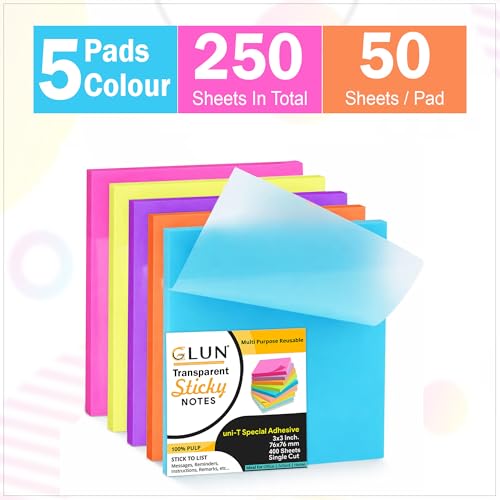 Image of GLUN Transparent Neon Sticky Notes 3x3 Inch, 250 Sheets, Self-Adhesive Clear Color Memo Pads, Waterproof See-Through Notes for Office, School & Study