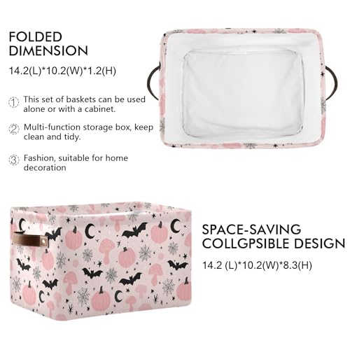 Image of Happy Halloween Pink Storage Basket with Waterproof Liner and PU Handles Pumpkin Bat Moon Mushroom Storage Bins Boxes 14.2 inch Collapsible Decorative Organizer Baskets for Bedroom Closet Office 2 Pack
