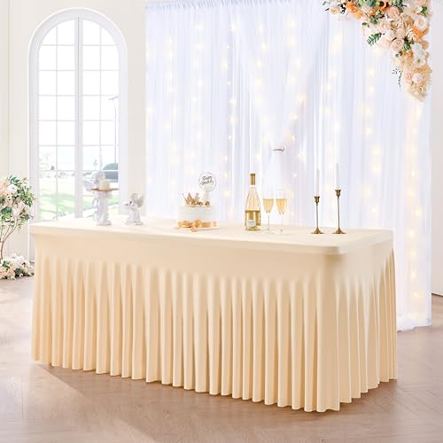 NSSONBEN 1-Pack Champagner Rechteckig Elastisch Tischdecke für 180cm Rechteck Tische, Faltenfreie Stretch Tischdecke mit Rock für Bankett Party Hochzeit Geburtstag Muttertag Tischdecken