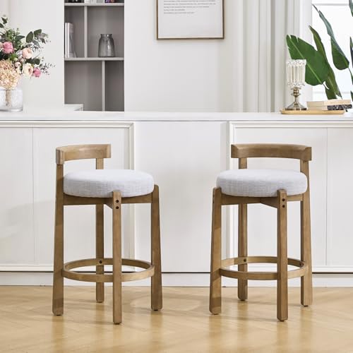 Image of CIMOTA 26.5 inch Counter Height Bar Stools Set of 6, Mid Century Modern Low Back Bar Chairs with Solid Wood Legs & Linen Upholstered Seat, Kitchen Island Stools, Light Grey
