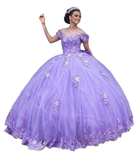 ZVOCY 3D Flower Quinceanera Dresses for Sweet 15 16 Off The Shoulder Lace Beaded Princess Long Ball Gowns with Big Bow