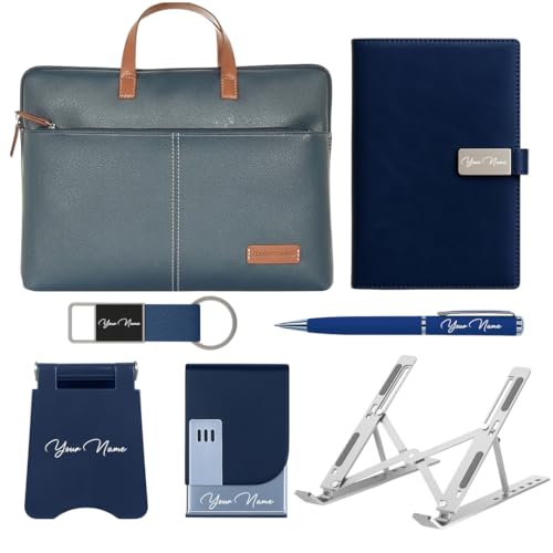 Image of Giftana 7 in 1 Laptop Bag with Personalized Diary & Pen, Keychain, Card Holder, Mobile Stand, Laptop Stand Set, Customized Gift for Husband, Employee Welcome Kit, Corporate Gift for Employees (Blue)