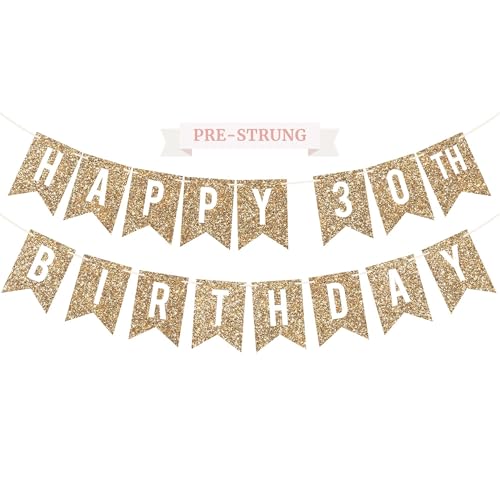 Image of Pre-Strung Happy 30th Birthday Banner - Gold Glitter Birthday Banner | No DIY - Gold Glitter 30th Party Decorations - Pre-Strung on 6 ft Strands - Bday Party Decorations & Decor