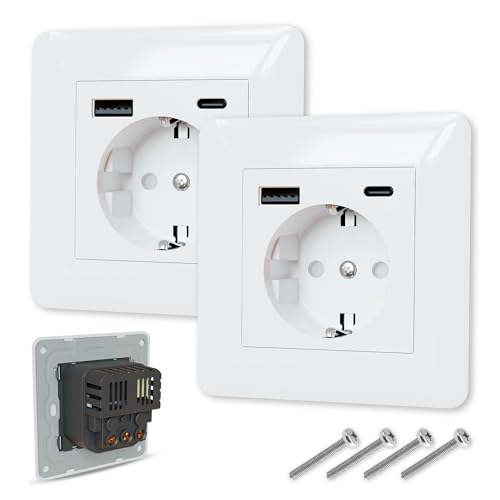 BROSSTALL Pack x2 Enchufes de Pared USB y tipo C, Carga Rápida 5V-2100mA, Fácil Instalación, Certificados CE y RoHS, Superficie Schuko 16A, Empotrable, Con Manual de Instalación.