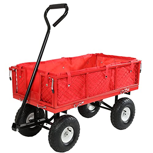Sunnydaze Utility Steel Garden Cart With Liner, Outdoor Lawn Wagon With Removable Sides, Heavy-Duty 400 Pound Capacity, Red #TOP11