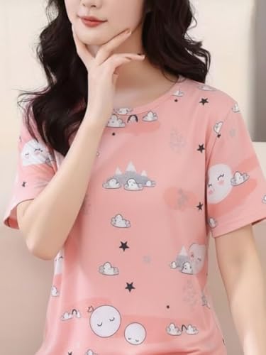 Image of Women's Korean Style Night Suit Set | Cotton Half Sleeve Top & Pyjama Set | Round Neck Printed Nightsuit | Comfortable Nightwear & Loungewear for Women | Sleepwear Pjs Lounge Set |Co-ords Outfit
