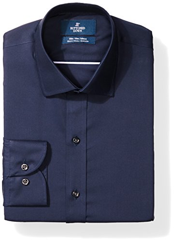Amazon Brand - Buttoned Down Men's Slim Fit Stretch Poplin Non-Iron Dress Shirt, Navy, 16.5