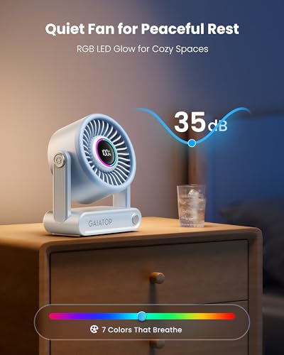 Image of Gaiatop Portable Quiet Desk Fan, 6000mAh Rechargeable Battery Fan with RGB Ring, 18Hrs Runtime, 5-Speed Strong Wind, Bedroom Office Desk Accessories, Gifts for Women Girls Mom (Blue)