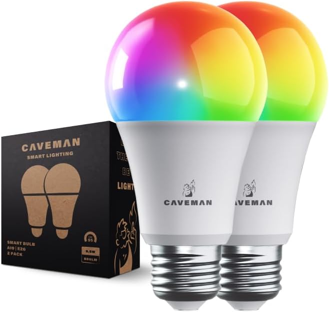 Caveman Matter & WiFi A19 Smart LED Light Bulb, 60W 800lm 2PK | Work with Alexa & Google Home, Lighting Bulbs with 16M+ RGBTW Color Changing, Music Sync