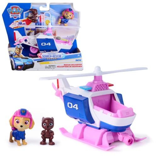PAW PATROL - Search & Rescue: Skyes Rettungs-Helikopter Fahrzeug mit Rückziehmotor ca. 15 cm inkl. Hunde-Figur und Känguru detailgetreues Design zur Serie Spielzeug ab 3 Jahren