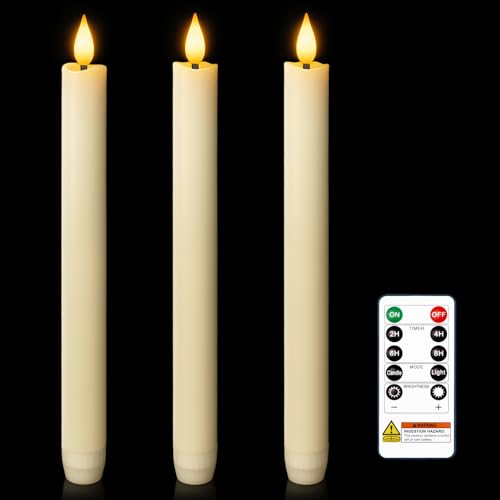 Image of Homemory 3 Pcs Waxy Flameless Taper Candles with Remote, Flickering Battery Operated Taper Candles, Led Flameless Candlesticks Classic Tall Candle for Home, Wedding, Party, Ivory, 9.6 inches