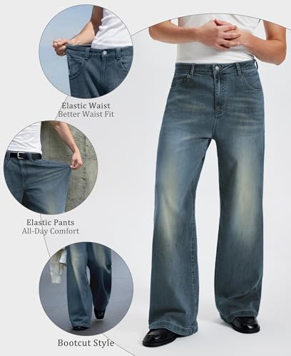 Image of Mens Bootcut Baggy Jeans Stretch Flared Wide Leg Old Money Jeans Lightweight Breathable Vintage Stylish Casual Denim Pants