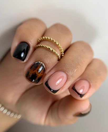 Leopard Print Press on Nails Short Square Fake Nails Black French...
