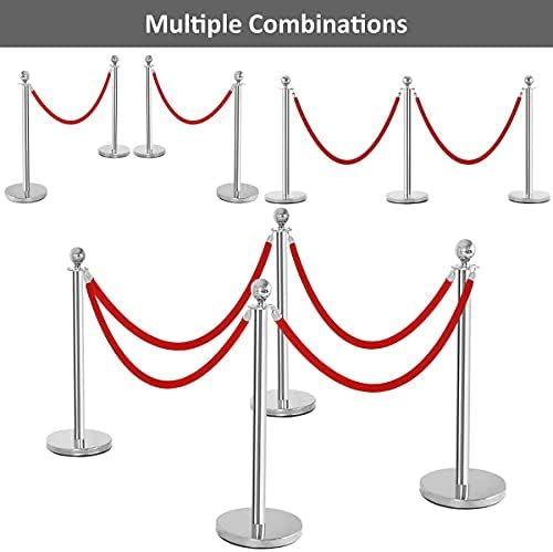 COSTWAY 6Pcs Queue Rope Barrier, Round Top Queue Security Stanchion Set with 150cm Velvet Rope and Stainless Steel Post, Crowd Control Stand Rope Divider for Museum, Factory, Cinema (Red+Silver)