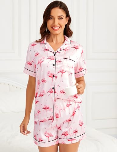 Image of LecGee Womens Silk Satin Pajamas Short Sleeve Loungewear Two-Piece Sleepwear Button-Down Pj Set