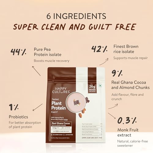 Image of Happy Cultures 26g Tastiest Plant Protein| Chocolate, Almond Chunks & Ashwagandha (KSM 66)| Pea & Brown Rice Protein Isolate| No Added Sugar| Vegan| 20 Complete Amino Acids| Monk Fruit Extract| Women & Men| No Bloating, Easy to Digest| Dairy Free with Probiotics- 505g, Chocolate