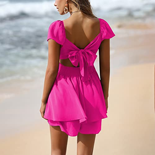 Exlura Women's 2023 Summer Ruffle Short Sleeve Tie Back Rompers Square Neck A-Line Flowy Wide Leg Cute Dressy Mini Jumpsuits #TOP1