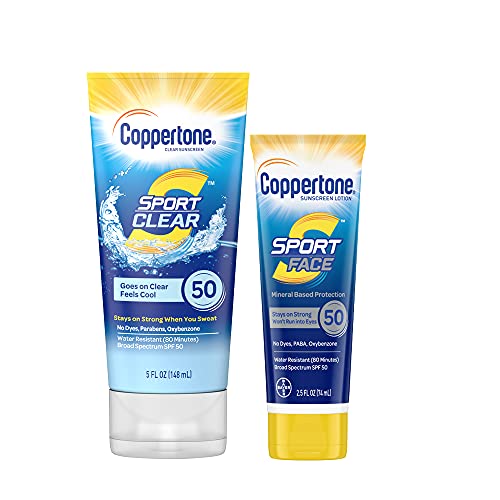 Coppertone Sport Clear Sunscreen Lotion Spf 50 + Face Sunscreen Spf 50, Water Resistant Sunscreen Pack (5 Oz Spray + 2.5 Fl Oz Bottle) #TOP30