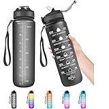 1 Litre Water Bottle with Straw, Time Markings Motivational Sport Water Bottle, Bpa Free Tritan Drinks Bottle for Girls, Boy, Fitness, Outdoor, Cycling, Gym, School & Office (Black)