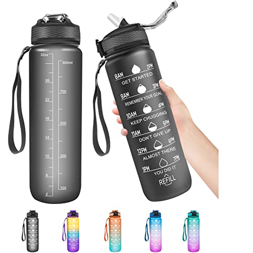 1 Litre Water Bottle with Straw, Time Markings Motivational Sport Water Bottle, Bpa Free Tritan Drinks Bottle for Girls, Boy, Fitness, Outdoor, Cycling, Gym, School & Office (Matte Black)