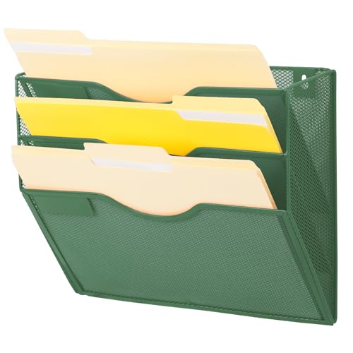 EASEPRES 3 Pocket Mesh Hanging Wall File Organizer, Wall Mounted Mail Paper Document Folder Holder, Clipboard Storage Organization Magazine Rack with Nametag Label for Office Home School, Dark Green