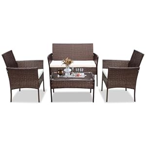 Polyrattan Sitzgruppe Balkonmöbel 7-teilige Gartenmöbel Set, Terrassenmöbel für 4 Personen, inkl. Sitzpolster und Tisch, für Outdoor Terrasse Garten, Braun