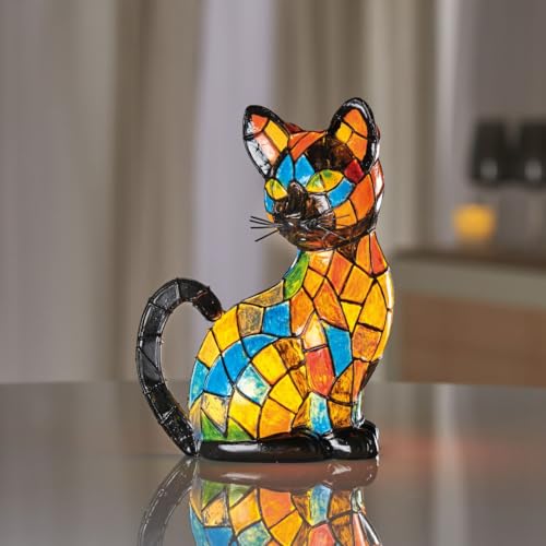 Coopers of Stortford - Tiffany-Style Cat Lamp - Mosaic Handcrafted Cordless Light with Warm LED Glow - Battery-Powered Table Décor