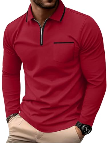 Askdeer Men's Polo Shirts Zip Long Sleeve Classic T-Shirts Casual Golf Shirts Stylish Collared Tee Red